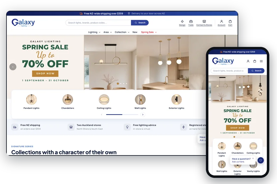 Galaxy Lighting Shopify store on desktop and phone