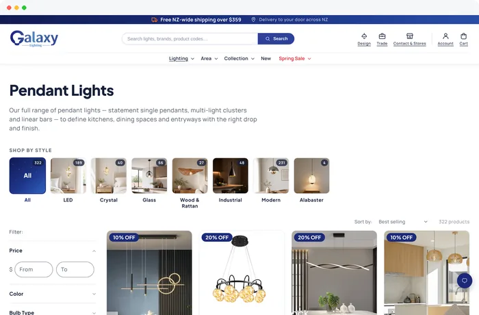 Collection page with style filters and live stock counts