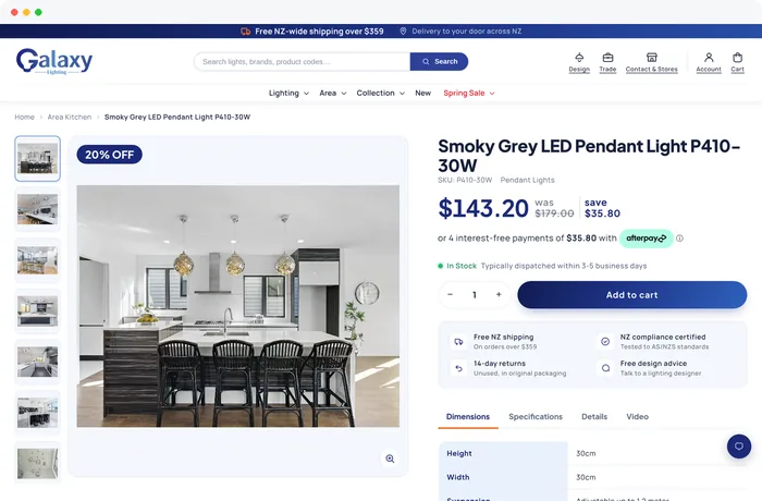 Product page: price, stock, dimensions and trade help in one view