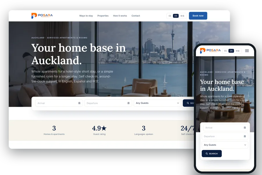 Posara direct-booking site on desktop and phone